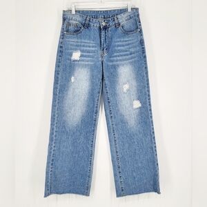 High Rise Wide Leg Jeans Distressed Denim Light Wash Shein Size 30